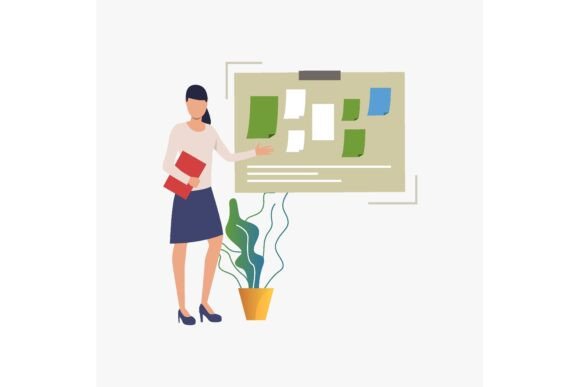 Businesswoman Pointing at Pin Board: A Visual Strategy Tool