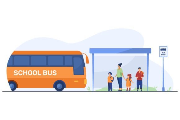 Children with Teacher Waiting for Bus at the Stop: A Visual Anchor for Modern Educational Branding