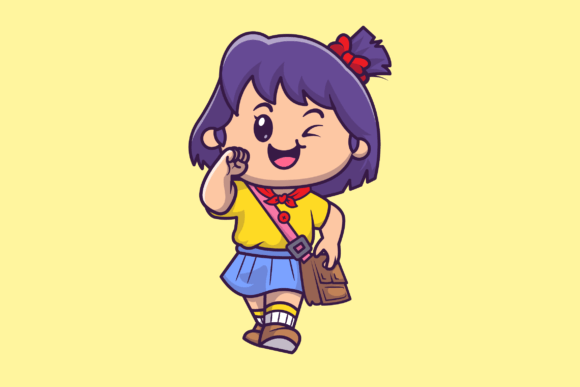 Cute Girl Going to School Cartoon Vector