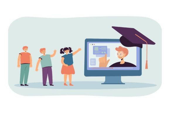 Cute Tiny Children Watching Online Lectures