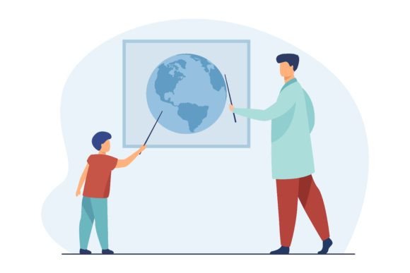 Man and Kid Studying and Discussing World