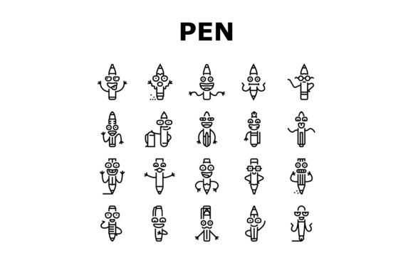 Pen Character Pencil School Icons Set Ve