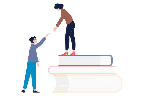 The Symbolic Power of the Teacher Helping Man Climb on Book Stack